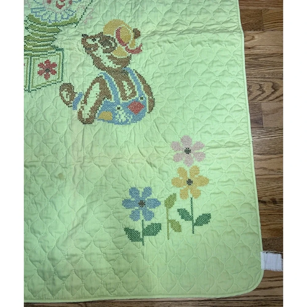 VTG Teddy Bear Jack In The Box Baby Crib Quilt Blanket Green Crossstitch 57